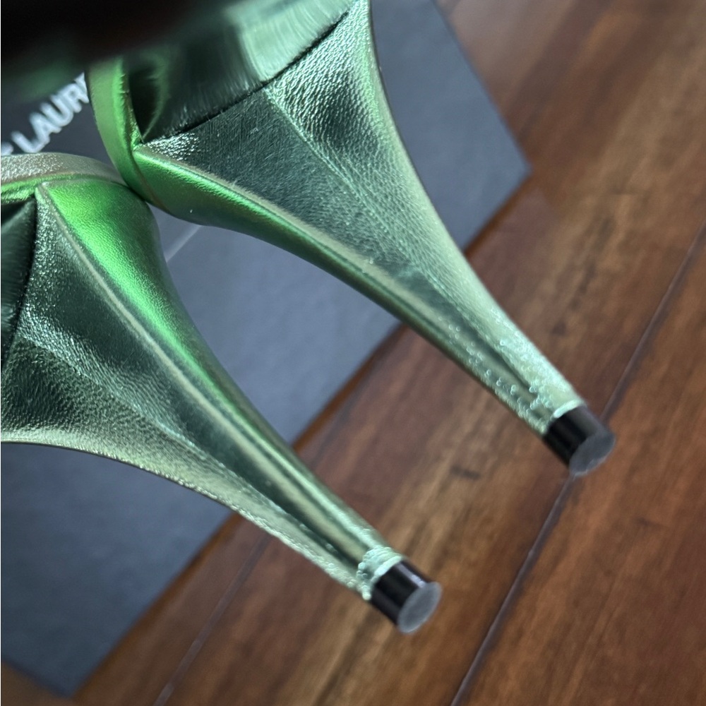 Saint Laurent Metallic Green Strappy “Tina Sandals” Heels - Picture 11 of 12